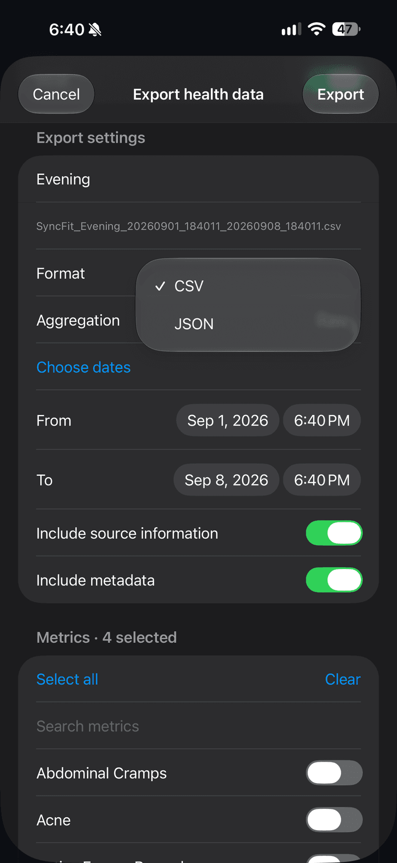 Export CSV or JSON